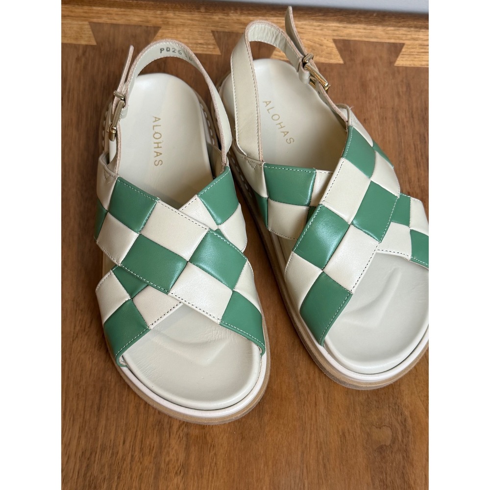 Alohas Hook-Loop Checkered Green Cream Leather Slingback Platform Sandals 38